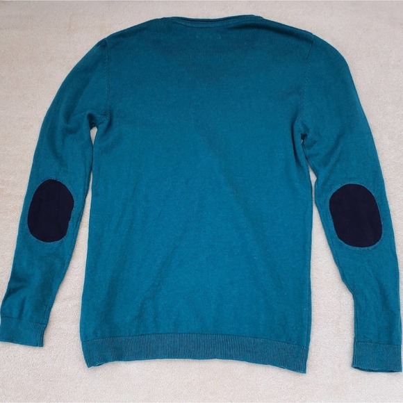 Youth Okaidi Cashmere V-neck Sweater Elbow Patches L 12 A/Y 150cm Wool Cotton - Picture 3 of 11